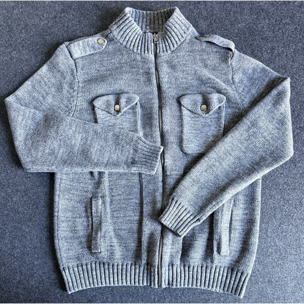 Rock & Republic Mens L Gray Knit Full Zip Sweater Jacket Mock Neck Cotton